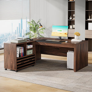 L-Shaped Executive Desk with Mobile File Cabinet and Storage Shelves