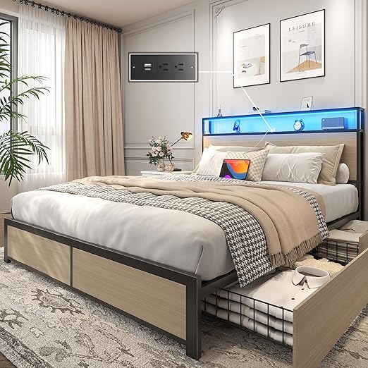 Metal Platform Bed Frame with Storage Headboard, Drawers & LED