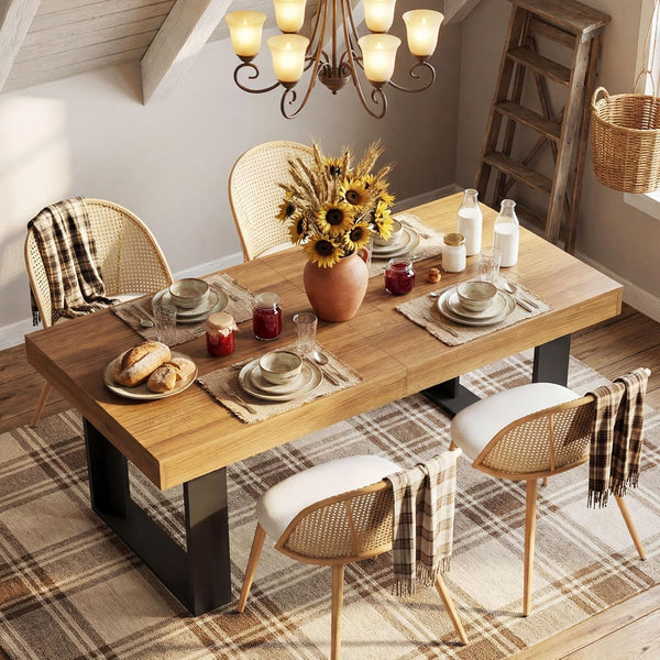 Extendable Farmhouse Dining Table Set with 4 Rattan Chairs