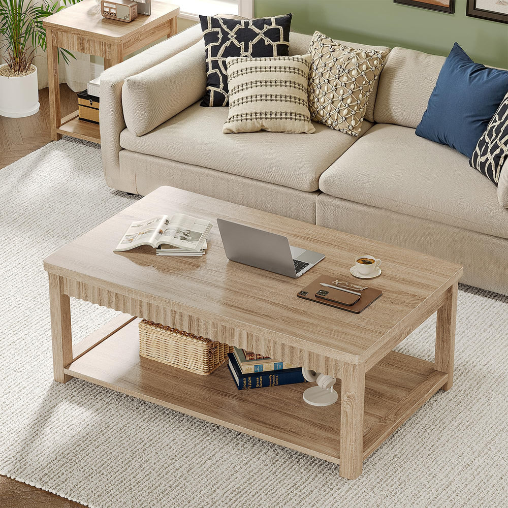 Wave-Edge Coffee Table with 2-Tier Storage