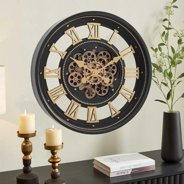Large Moving Gear Wall Clock with Roman Numerals