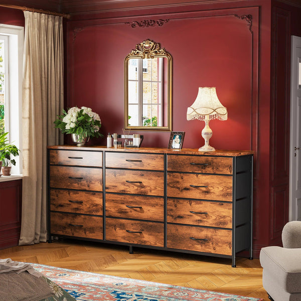 55" 12-Drawer Dresser with TV Stand – Metal Frame & Wood Top