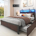 Metal Platform Bed Frame with Storage Headboard, Drawers & LED