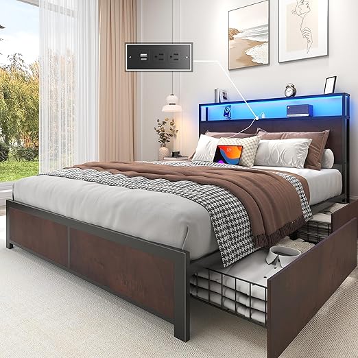 Metal Platform Bed Frame with Storage Headboard, Drawers & LED
