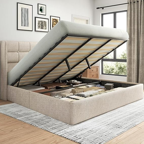 King Size Lift-Up Storage Bed Frame with Tufted Wingback Headboard