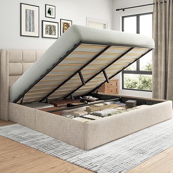 King Size Lift-Up Storage Bed Frame with Tufted Wingback Headboard