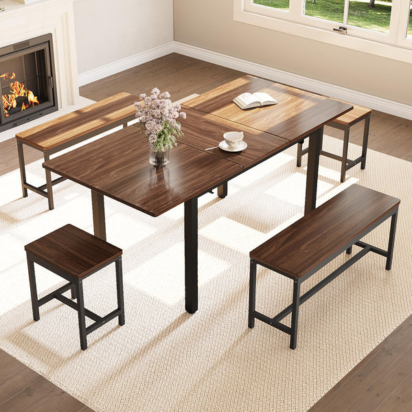 5-Piece Extendable Dining Table Set with Benches and Stools