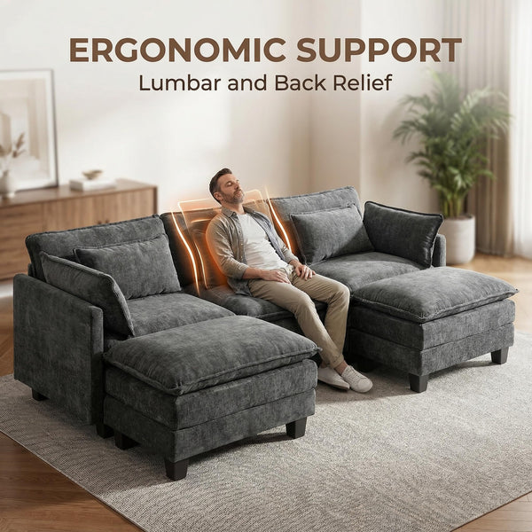 U-Shaped Modular Sectional Sofa with Ottomans & Throw Pillows