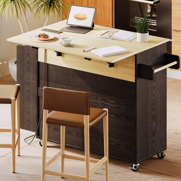 Rolling Kitchen Island with Drop Leaf, Storage Cabinet & Charging Station