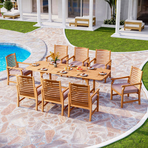 9-Piece Acacia Wood Outdoor Dining Set with Extendable Table & Cushioned Chairs