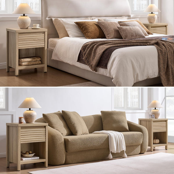 Fluted Nightstand Set of 2 with Drawer & Storage Shelf