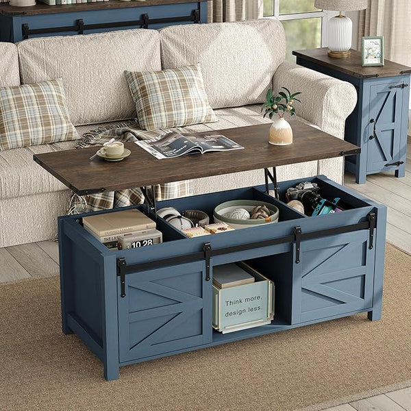 Lift Top Coffee Table with Storage & Sliding Barn Doors, Farmhouse