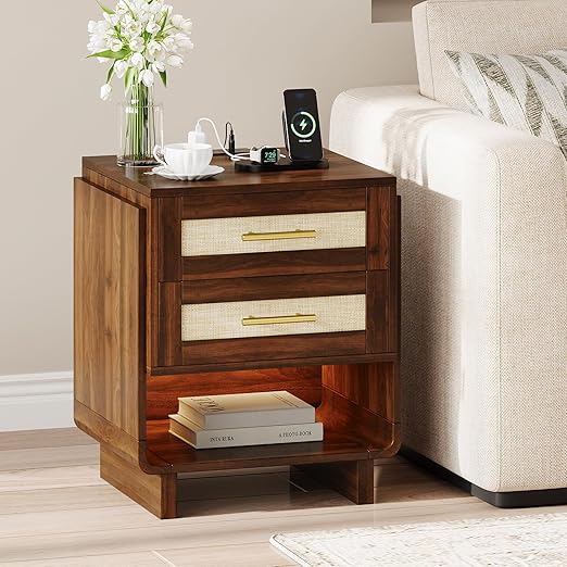 Farmhouse Nightstand with Charging Station & LED Light