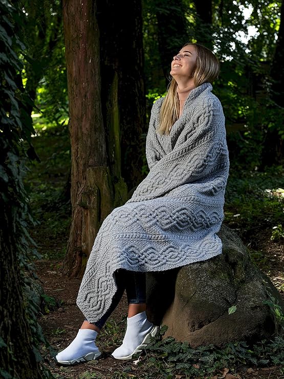 Merino Wool Cable Knit Aran Throw Blanket 44x69 Inches