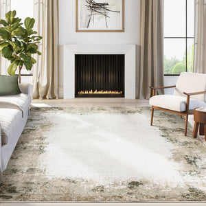 Beige & Green Border Washable Area Rug