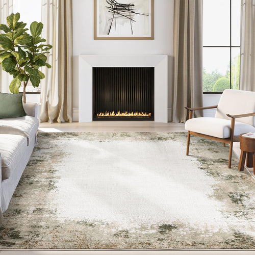 Beige & Green Border Washable Area Rug