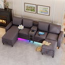 L-Shaped Sectional Sofa with Bluetooth Speaker, LED Lights & Charging Station