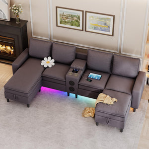 L-Shaped Sectional Sofa with Bluetooth Speaker, LED Lights & Charging Station