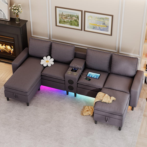 L-Shaped Sectional Sofa with Bluetooth Speaker, LED Lights & Charging Station