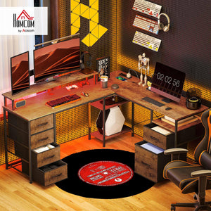 L-Shaped Computer Desk with File Cabinet, Power Outlets & LED Lights