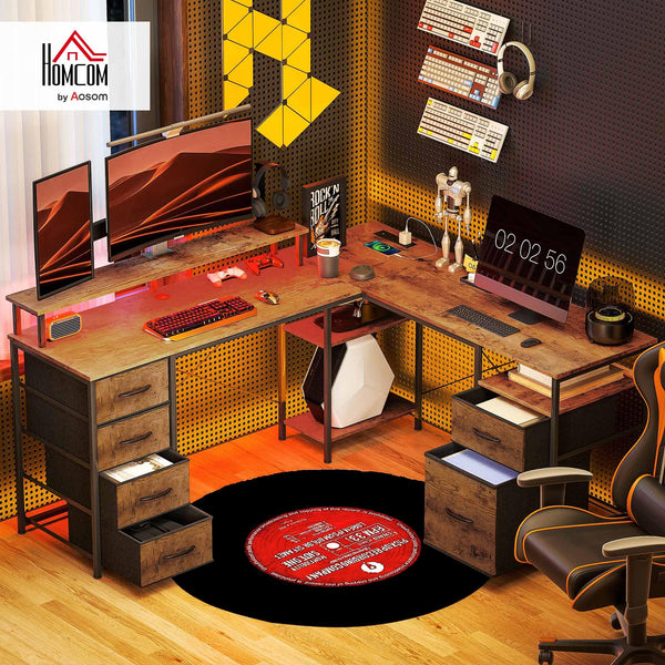 L-Shaped Computer Desk with File Cabinet, Power Outlets & LED Lights
