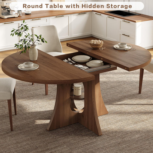 Extendable Round Dining Table with Storage Shelf | 43.3" to 59" Oval