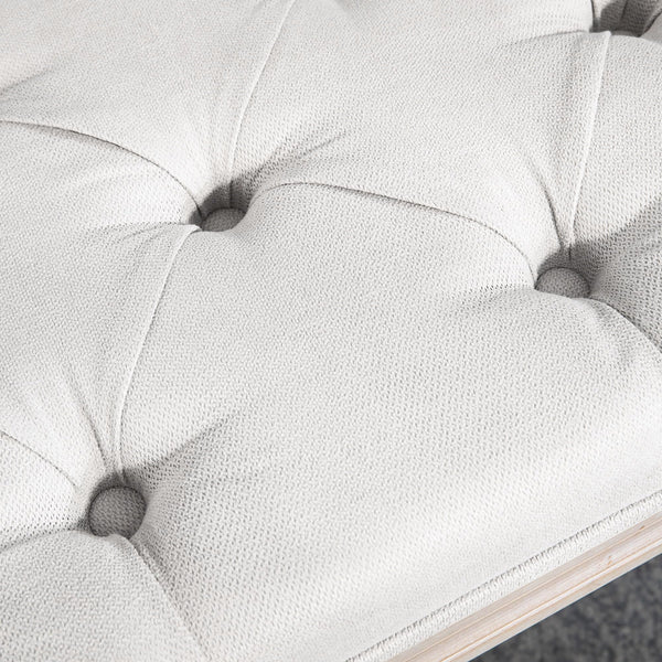 French Vintage Upholstered Bench – Button Tufted, Cream White