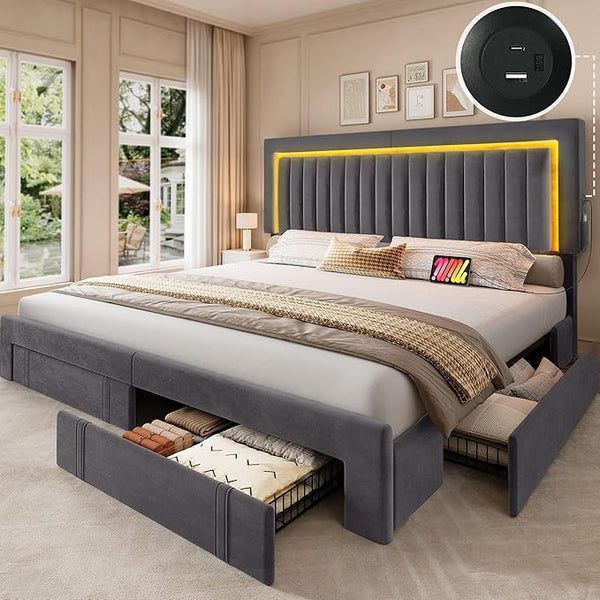 King Size Upholstered Bed Frame with Storage Drawers & RGB LED