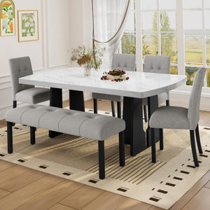 6-Piece Faux Marble Oval Dining Table Set with Chairs and Bench