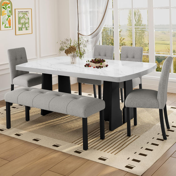 6-Piece Faux Marble Oval Dining Table Set with Chairs and Bench