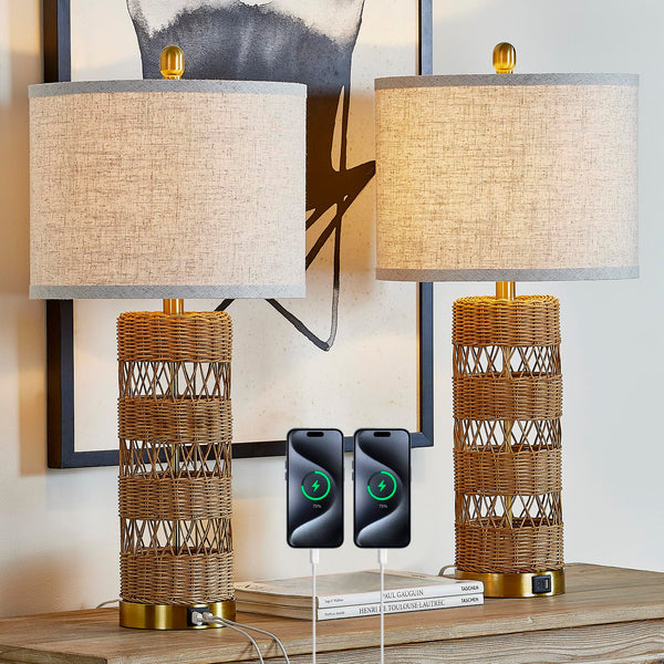 Rattan Table Lamp Set of 2 with USB Charging Ports – 28" Rustic Bedside Lamp