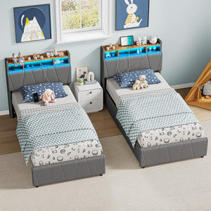 Twin Bed Frame with Storage Drawers, Charging Station & LED Lights