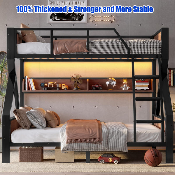 Metal Bunk Bed with LED Light & Storage Shelf