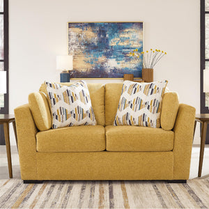 Yellow Velvet Loveseat with Toss Pillows