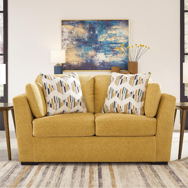 Yellow Velvet Loveseat with Toss Pillows