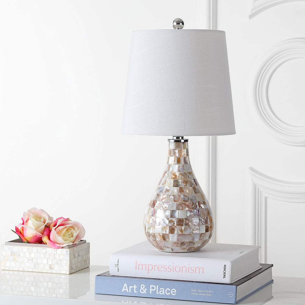 Seashell Coastal Mini LED Table Lamp with White Linen Drum Shade