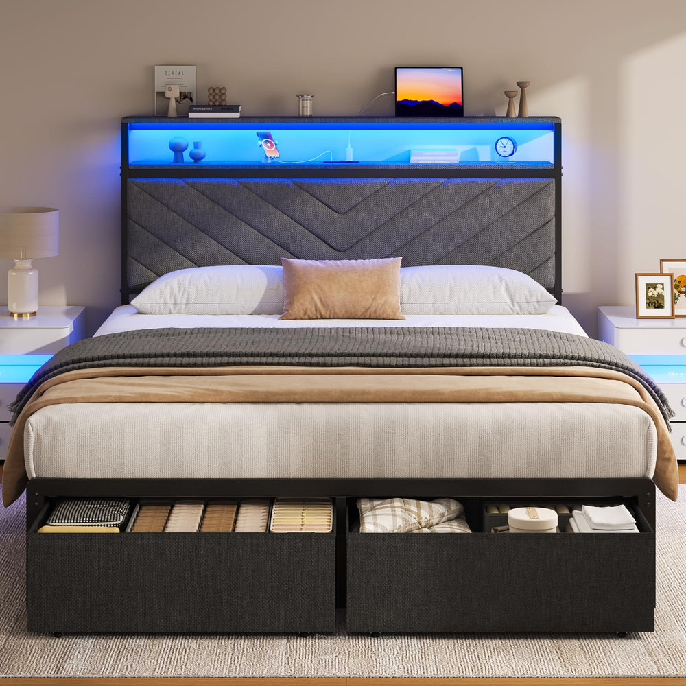Upholstered Bed Frame with Storage Drawers, LED Lights & Charging Station