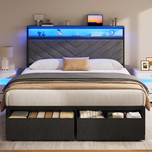 Upholstered Bed Frame with Storage Drawers, LED Lights & Charging Station