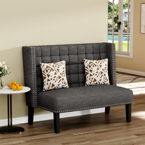 Yongqiang Modern Tufted Loveseat Settee, Upholstered Bench with Back for Kitchen Dining Room Living Room, Linen High Back Banquette Seating Sofa Couch with Wood Legs Grey