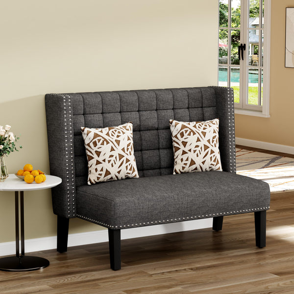 Yongqiang Modern Tufted Loveseat Settee, Upholstered Bench with Back for Kitchen Dining Room Living Room, Linen High Back Banquette Seating Sofa Couch with Wood Legs Grey