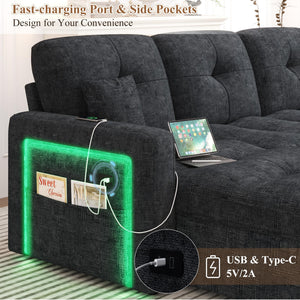 HIFIT 81" LED Sectional Sleeper Sofa with Pull Out Couch Bed, Convertible L Shaped Couch with Storage & USB & Adjustable Backrest & 2 Pillows, Chenille Sectional Couch for Living Room Bedroom, Black