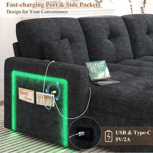 HIFIT 81" LED Sectional Sleeper Sofa with Pull Out Couch Bed, Convertible L Shaped Couch with Storage & USB & Adjustable Backrest & 2 Pillows, Chenille Sectional Couch for Living Room Bedroom, Black