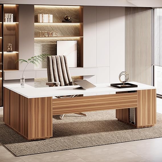 L-Shaped Executive Office Desk with File Drawers & Storage Cabinet