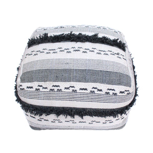 Handmade Boho Wool Cotton Pouf Ottoman with Fringe Trim
