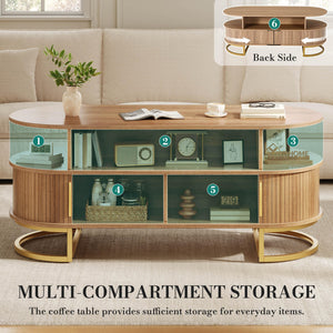 Oval Fluted Coffee Table with Sliding Door Storage & Gold Handles