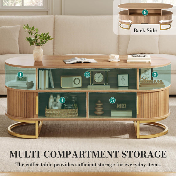 Oval Fluted Coffee Table with Sliding Door Storage & Gold Handles