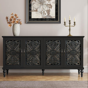 Hollow Carved Wood Accent Cabinet with 4 Doors