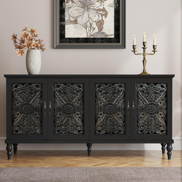 Hollow Carved Wood Accent Cabinet with 4 Doors
