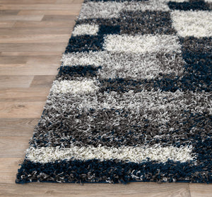 Navy Geometric Shag Area Rug — Plush Polypropylene, Non-Shedding, Multiple Sizes
