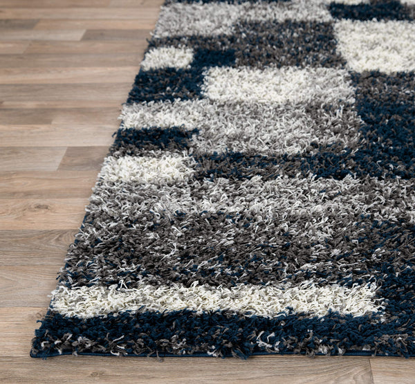 Navy Geometric Shag Area Rug — Plush Polypropylene, Non-Shedding, Multiple Sizes